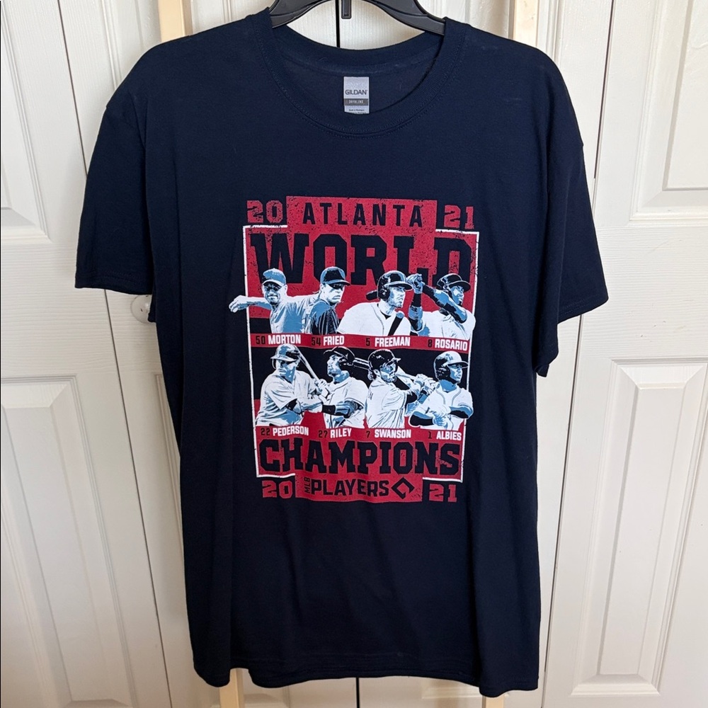Gildan Navy T-Shirt with Red and White Atlanta 2021 World Champions Graphic